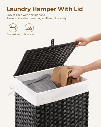 Greenstell Laundry Hamper with Lid, 90L Clothes Hamper with 2 Removable Liner Bags & 2 Mesh Laundry Bags, Handwoven Synthetic Rattan Laundry Basket for Clothes, Toys in Bathroom, Bedroom Black