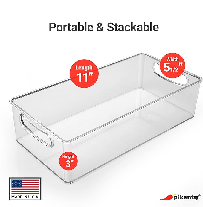 Pikanty Clear Refrigerator Organizer Bin with Handles — 11 Inch Compact Stackable Fridge and Pantry Storage Container for Snacks, Yogurt, Condiments, Dishwasher Safe, Made in USA