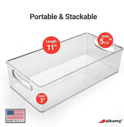Pikanty Clear Refrigerator Organizer Bin with Handles — 11 Inch Compact Stackable Fridge and Pantry Storage Container for Snacks, Yogurt, Condiments, Dishwasher Safe, Made in USA