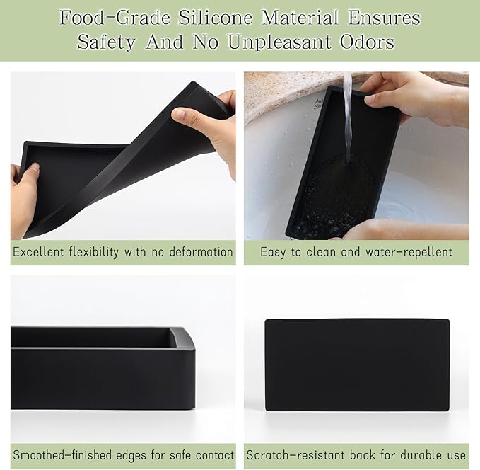 2Pcs Black Silicone Tray Bathroom Vanity Tray Silicone Countertop Trays for Toilet Kitchen Perfume Jewelry Candle Key (2, Large-12.01×5.12×0.78in)
