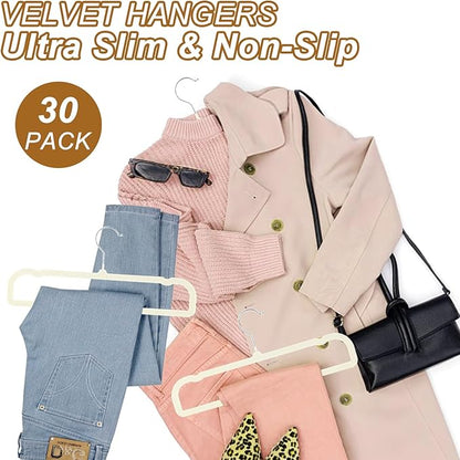 Pants Hangers Space Saving, 30 Pack Velvet Hangers for Closet with 30 Hooks, Strong Durable Non Slip Slim Clothes Hanger, Ultra Soft Flocked Hanger for Pants, Shirts, Bra, Shorts (Cream)