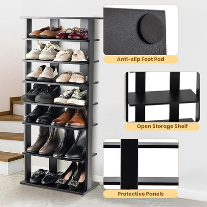 GOFLAME 7-Tier Tall Shoe Rack, Patented Freestanding Shoe Shelf Storage Organizer for 14 Pairs of Shoes, Space-Saving Vertical Shoe Stand for Entryway, Closet, Living Room, Black