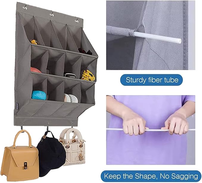 Over the Door Shoe Organizer, 12 Pockets Hanging Shoe Storage Rack with Large Deep Pockets, Oxford 600D Fabric Grey Shoe Storage Rack with 6 hook for Shoes, Slipper,Home Accessories etc-Black