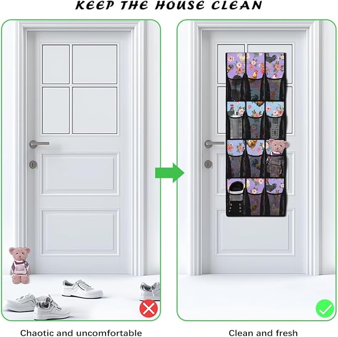 Rooster Rose Over The Door Shoe Organizer,Hanging Shoe Organizer with 12 Mesh Large Pockets,Door Shoe Rack Organizer for Men Women Kids,Hanging Shoe Storage Bag,Closet Rack for Home