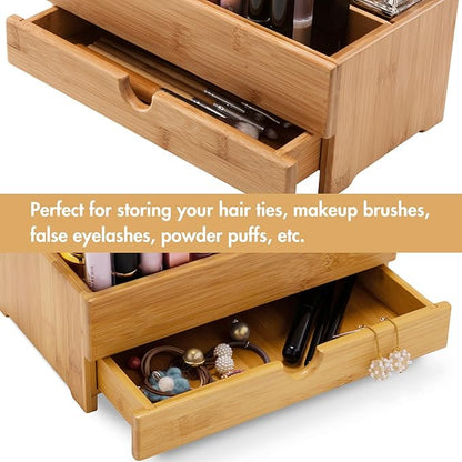 GOBAM Bamboo Makeup Organizer and Storage with Drawer, Wooden Cosmetic Organizer Countertop for Bathroom, Bedroom, Kitchen & Dresser, Desk Organizer with Drawers and Make up Vanity Station - Medium