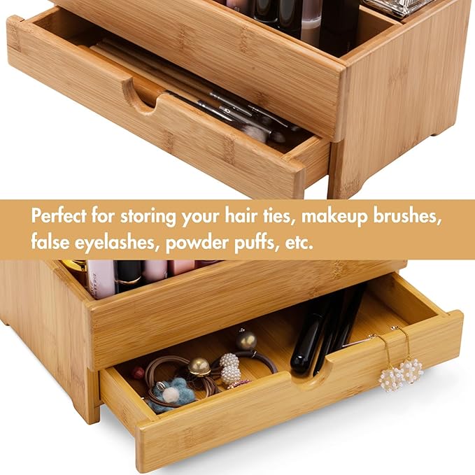 GOBAM Bamboo Makeup Organizers and Storage with Drawer - Wooden Cosmetic Organizer Countertop for Bathroom, Bedroom, Closet, Kitchen, Vanity & Dresser - Make up Vanity Station
