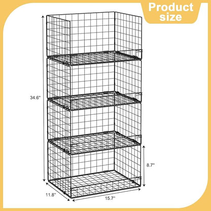 4 Pack Stackable Wire Baskets for Pantry Organizers and Storage, Large Pantry Basket for Snack Organizer, Foldable Fruit and Vegetable Storage Bin Store Can Onion Potato for Kitchen Cabinet/Countertop