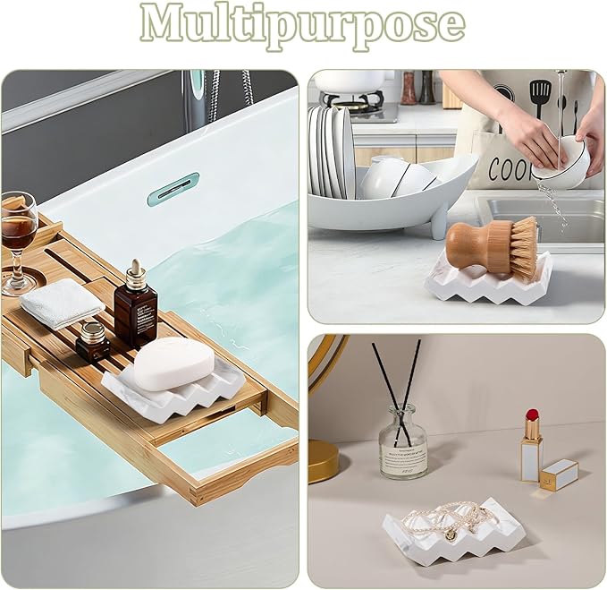 Self Draining Bar Soap Holder Diatomite Soap Dish Fast Drying Soap Saver Small Sponge Caddy for Shower, Bathroom, Kitchen Sink, Marble White