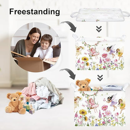 Clastyle Lovely Princess Laundry Basket Kids Clothes Book Storage Basket Gift Toy Box for Bedroom Decor,Flower Fairy,40x30x30 cm