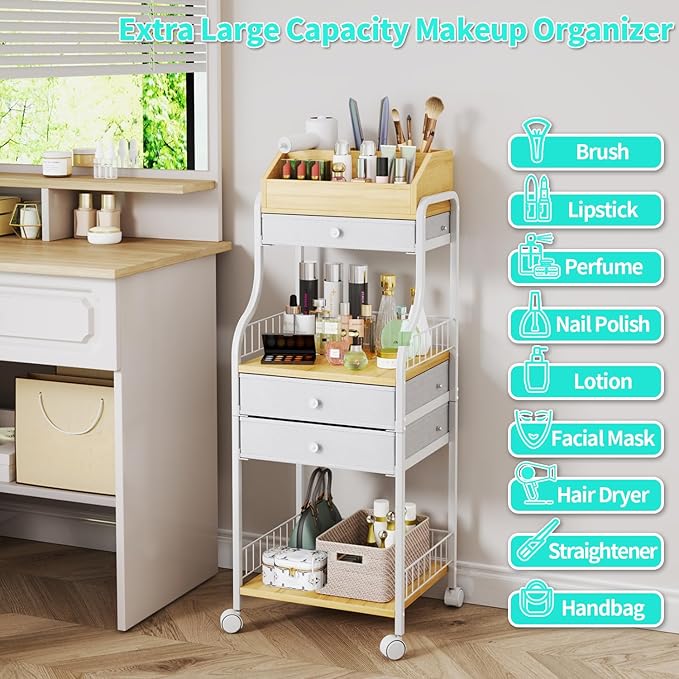 HapiRm Floor Makeup Organizer Cart - Vanity Skincare Beauty Organizers Makeup Storage with Drawers, Cosmetics Display Cases Holder Nail Cart for Hair Accessories Polish Perfume Make up Brush