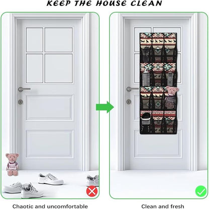 Aztec Multi-Purpose Over the Door Shoe Organizer 12 Pockets - Extra Wide Design for Boots & Sneakers, Reinforced Oxford Fabric