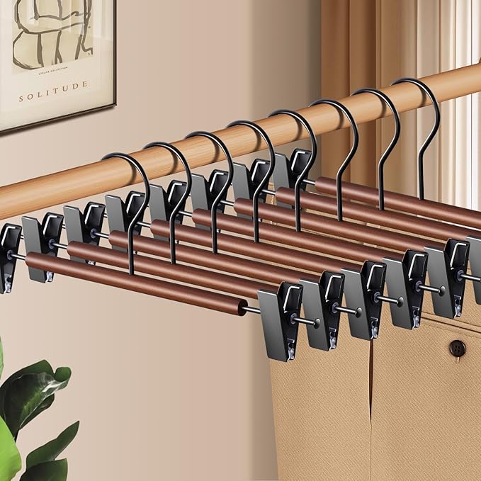 Wooden Pants Hangers with Clips 10 Pack Adjustable Wood Skirt Hangers for Women&Men Space Saving Closet Non Slip Clothes Hanger for Jeans,Trousers,Short,12Inch Brown