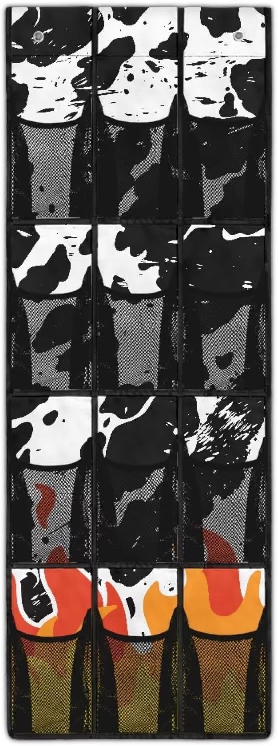 Over the Door Organizer with 12 Mesh Pockets, Storage Hanging Bag Behind the Door for Shoes Toys Cleaning Supplies, Perfect for Bedroom Bathroom or College Dorm, Cowhide and Flame