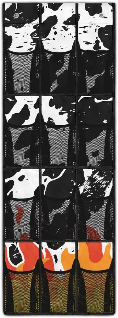 Over the Door Organizer with 12 Mesh Pockets, Storage Hanging Bag Behind the Door for Shoes Toys Cleaning Supplies, Perfect for Bedroom Bathroom or College Dorm, Cowhide and Flame