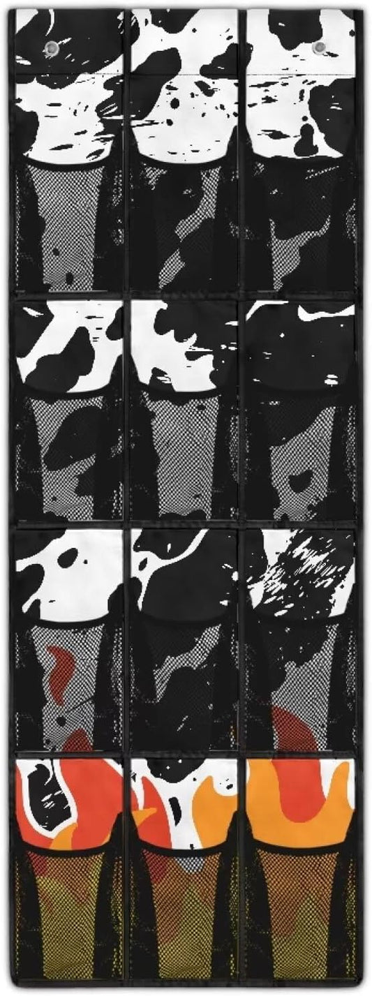 Over the Door Organizer with 12 Mesh Pockets, Storage Hanging Bag Behind the Door for Shoes Toys Cleaning Supplies, Perfect for Bedroom Bathroom or College Dorm, Cowhide and Flame