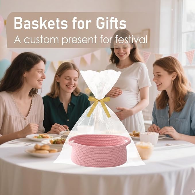 JMvicyroam Woven Basket,Small Rope Storage Bin with Handles & Ribbon Bag, Organizer for Shelves Closets,Gift Basket Empty for Birthday,Books,Dog Toys, Pink