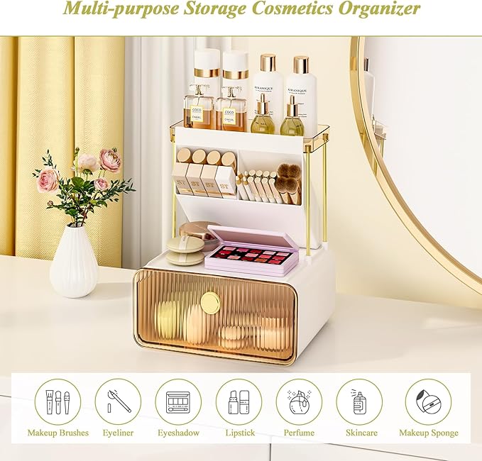 FOLLOWIN 3 Tiers Makeup Organizer with Drawer, Cosmetic Display with Lipsticks Brush Holder, Cosmetics and Beauty Supplies Organizers for Vanity, Dresser, Bathroom Desktop Countertop Organizer, Amber
