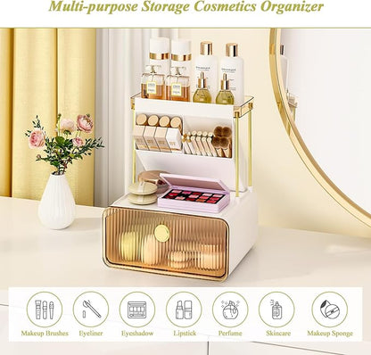 FOLLOWIN 3 Tiers Makeup Organizer with Drawer, Cosmetic Display with Lipsticks Brush Holder, Cosmetics and Beauty Supplies Organizers for Vanity, Dresser, Bathroom Desktop Countertop Organizer, Amber