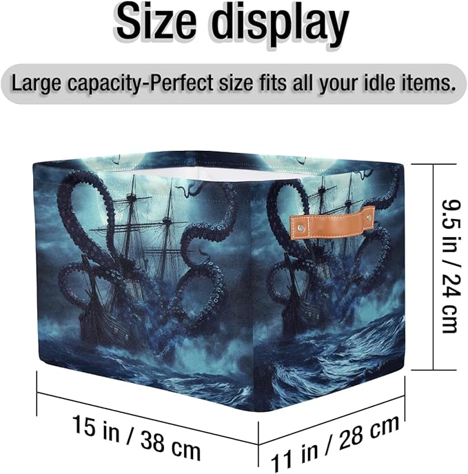 AUUXVA Storage Basket Ocean Kraken Nautical Pirate Ship Animal Octopus Storage Cube Box Durable Canvas Collapsible Toy Basket Organizer Bin with Handles for Shelf Closet Bedroom Home Office