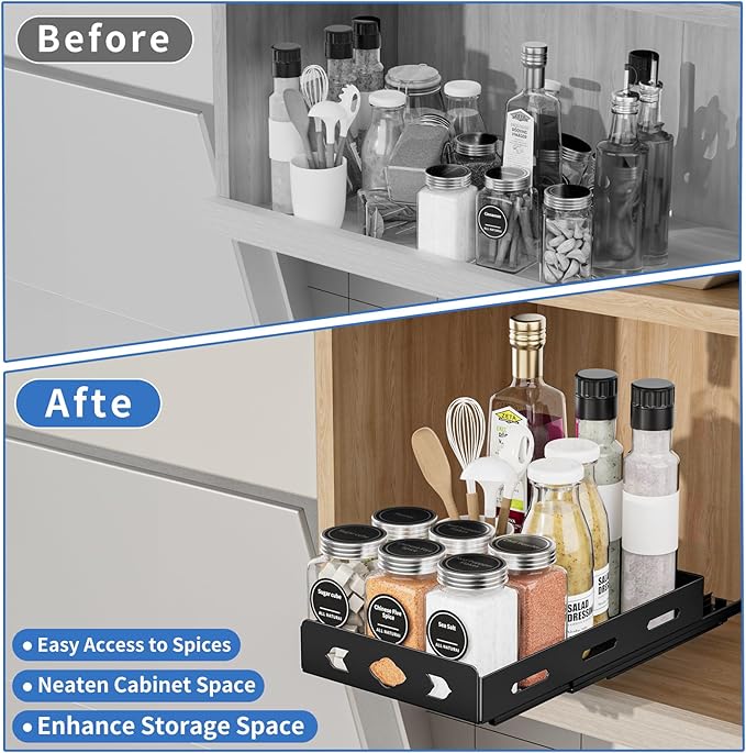 BOIVSHI Pull Out Spice Rack Organizer for Cabinet, Heavy Duty-Slide Out Spice Rack, Vertical Spice Rack for Kitchen Cabinet and Pantry (6.3''Wx10.5''Dx2.8''H, Metal Black)