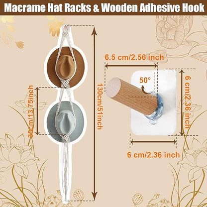 Macrame Hat Hangers for Wall with Adhensive Wooden Hook, Handmade Decorative Boho Hat Organizer Bohemian Macrame Cap Holder Set for Display for Beach Hat Sun Hat for Wide Brim Caps (2 holes)