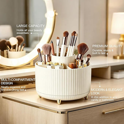 Makeup Brush Holder, Makeup Brush Organizer Countertop, Skincare Makeup Cosmetic Perfume Organizer Storage Box Case for Vanity Bathroom Countertop(Beige)