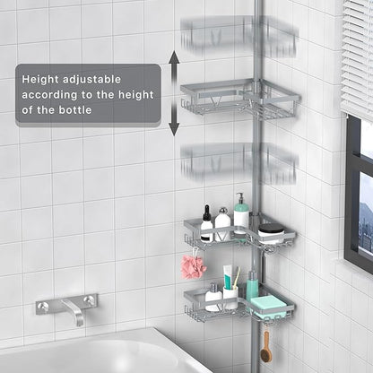 KEGII 4-Tier Corner Shower Caddy Tension Pole - Adjustable Shower Tension Rod Organizer, Floor to Ceiling Shower Caddy 25-114.2 inch, Shower Towel Rack Corner Waterproof, Light Gray