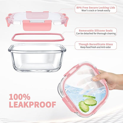 34pcs Glass Food Storage Containers with Lids Set, Airtight Glass Meal Prep Containers (17 Containers & 17 Lids), Leak Proof Lunch Container BPA-Free, Microwave, Oven, Freezer, Dishwasher Safe-PINK