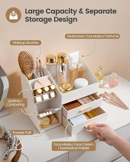 Lolalet Makeup Organizer Countertop with Drawers, Easy to Clean PU Leather Storage Box, 3-Layer Cosmetic Holder for Skincare, Lipstick, Perfume & Brush, Display Case for Vanity Dresser Bathroom -Cream