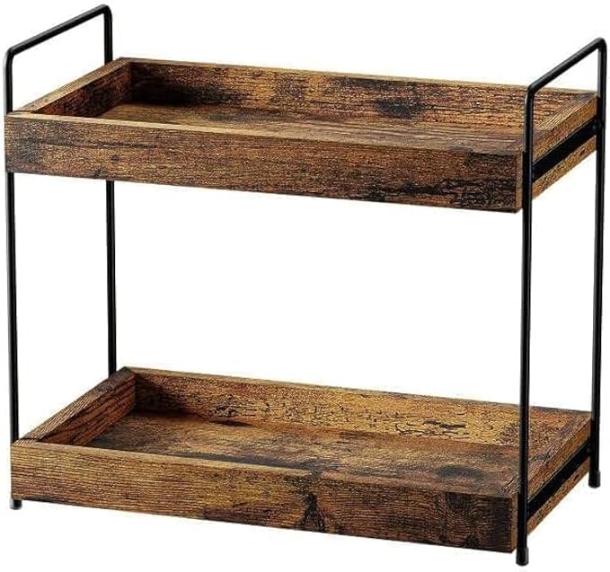 mahueeol 2 Tier Bathroom Counter Organizer Wood Bathroom Storage Shelf Spice Rack for Kitchen Countertop Vanity Tray Makeup Storage Coffee Station Organizer-Rustic Brown