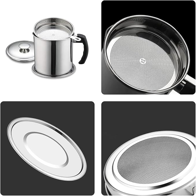Grease Container, Bacon Grease Container with Strainer, Cooking Oil Keeper with Lid and Easy-Grip Handle (1.8L)