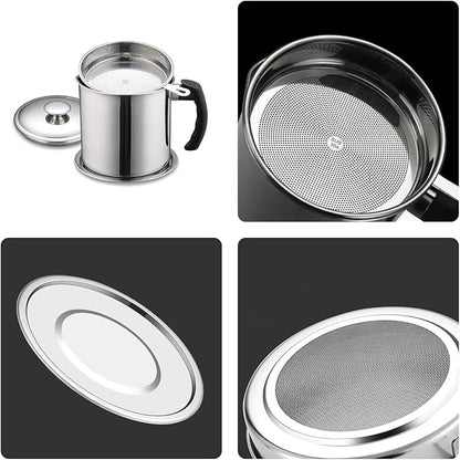 Grease Container, Bacon Grease Container with Strainer, Cooking Oil Keeper with Lid and Easy-Grip Handle (1.8L)