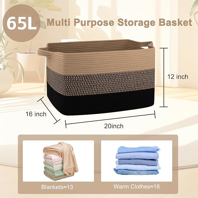 OIAHOMY Large Blanket Basket, 65L Cotton Rope Woven Laundry Basket, Toy Bin for Baby Room, Container for Blanket Storage in Living Room, 20''×16''×12'', Brown & Black