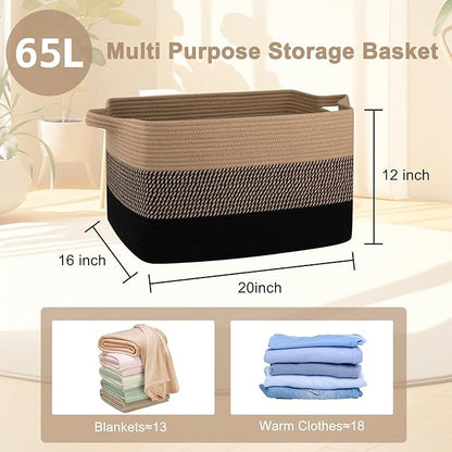 OIAHOMY Large Blanket Basket, 65L Cotton Rope Woven Laundry Basket, Toy Bin for Baby Room, Container for Blanket Storage in Living Room, 20''×16''×12'', Brown & Black