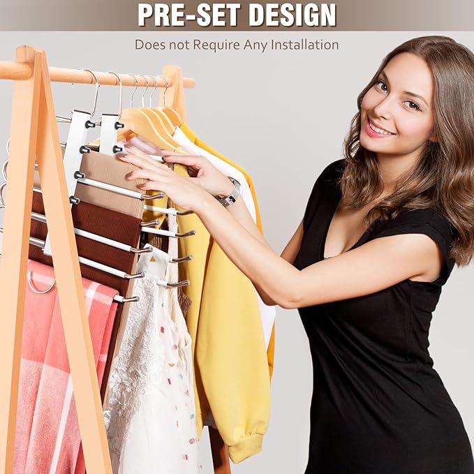 HUITEM 4 Pack 6-Tier Space Saving White Pant Hangers, Anti-Slip, Lightweight, Stainless Steel, Ideal for Closet Organization, Free Installation