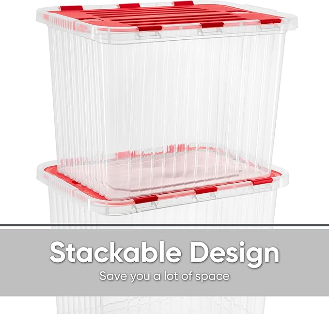 Superio Red Storage Box with Red Hinged Lids, Plastic Container Bins for Organizing with Attached Lid, Stackable Crates, BPA Free, Organizers for Home and Office, 53Quart (20.25"x14"x14.6")