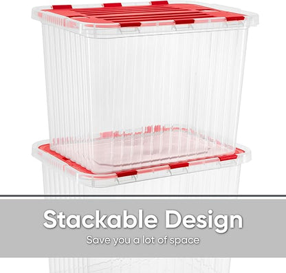 Superio Red Storage Box with Red Hinged Lids, Plastic Container Bins for Organizing with Attached Lid, Stackable Crates, BPA Free, Organizers for Home and Office, 53Quart (20.25"x14"x14.6")