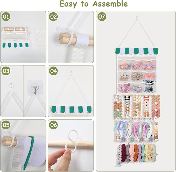 New Upgraded Bow Holder Headband Organizer w/ 9 Mesh Pockets, Large Capacity Hair Bow Organizer for Girls, Wall Hair Accessory Organizer for Nursery Room Decor(32x15inch,Beige Green)