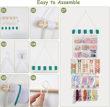 New Upgraded Bow Holder Headband Organizer w/ 9 Mesh Pockets, Large Capacity Hair Bow Organizer for Girls, Wall Hair Accessory Organizer for Nursery Room Decor(32x15inch,Beige Green)