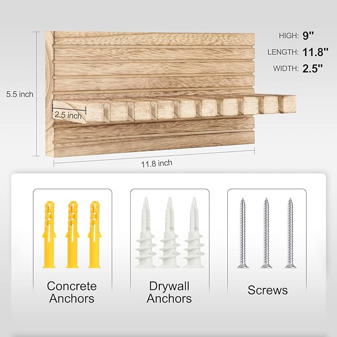 Belt Organizer for Closet, Belt Hanger Wall Mounts to Hold 9 Belts Without Slipping, Space Saving Belt Rack for Closet Organization Includes Mounting Hardware (11.8” x 5.5” x 2.5”) (Wood)