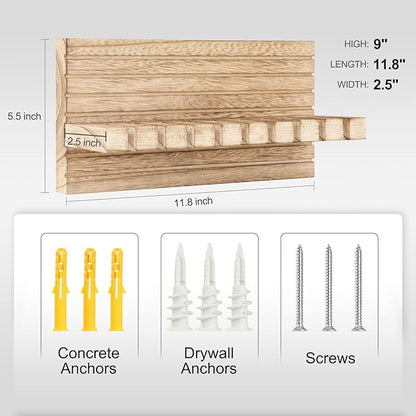 Belt Organizer for Closet, Belt Hanger Wall Mounts to Hold 9 Belts Without Slipping, Space Saving Belt Rack for Closet Organization Includes Mounting Hardware (11.8” x 5.5” x 2.5”) (Wood)