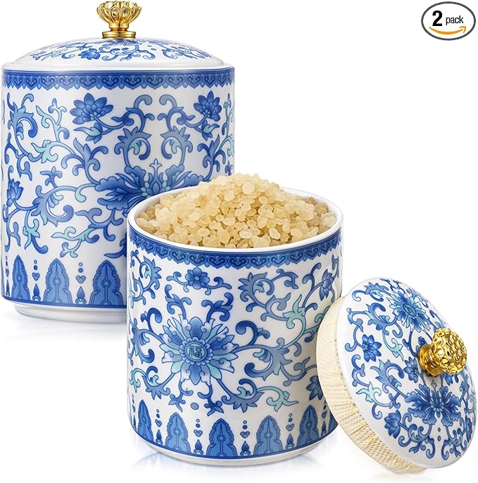2 Pcs Vintage Blue and White Porcelain Salt Cellar with Lid Ceramic Salt Holder Container for Countertop Coffee, Sugar, Spices and Candies, Airtight Spice Jar, Kitchen Storage Dish