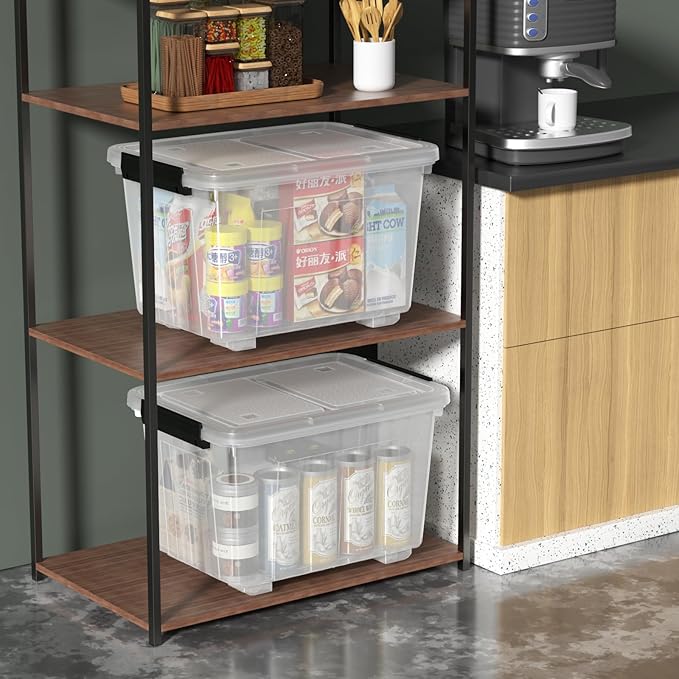 4 Packs 30 L Plastic Latch Storage Box, Clear Bin with Lid and Wheels