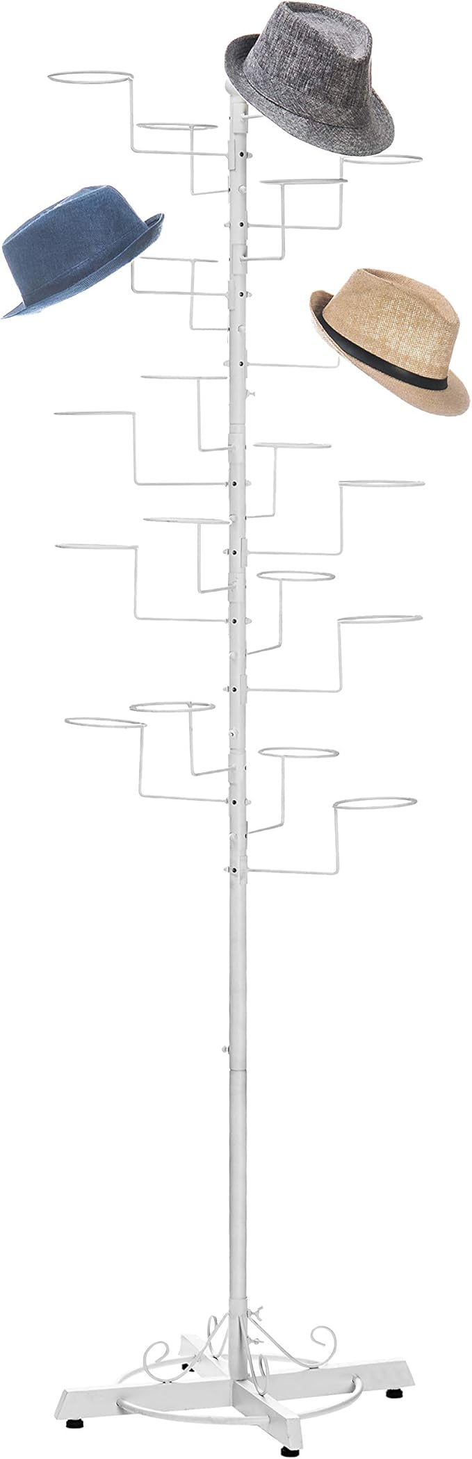 MyGift Hat Rack Stand, Cowboy Hat Display, Baseball Cap Organizer, Retail Wig Holder Storage with 20 Customizable Circular Hooks for Multiple Hats, Hat Tree Freestanding, White Metal