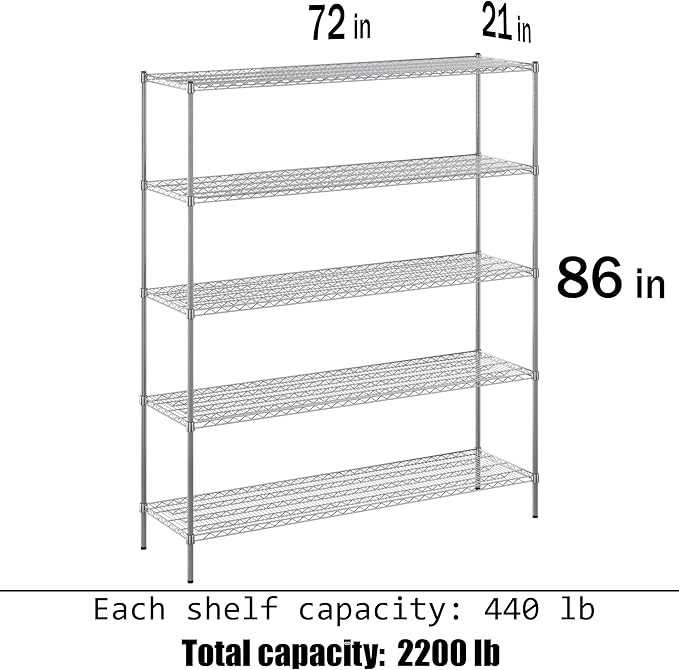 21" Deep x 72" Wide x 86" Height Wire Shelving Kit | 5-Tier | NSF Commercial Storage Rack Unit