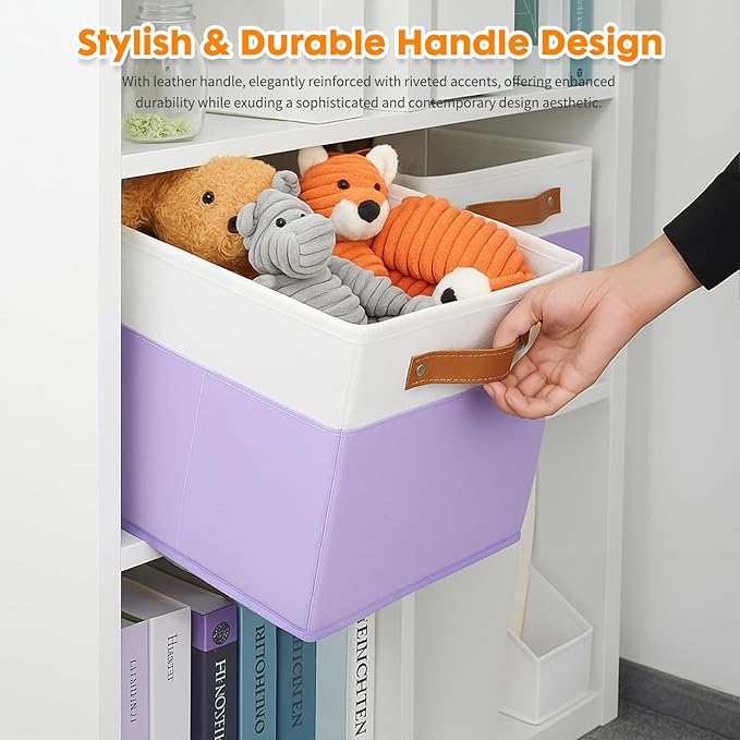 ShellKingdom Storage Bins, Two-Tone Foldable Fabric Storage Cubes with Leather Handle for Closet Toys Clothes Storage Organizer Drawer, 10.5 X 10.5 X 11 inch, 2 Pack (White/Lavender)