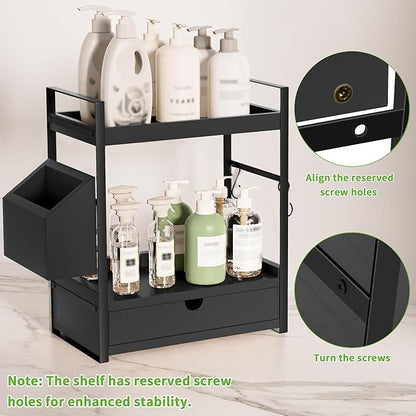 Kottwca 2-Tier Bathroom Counter Organizer with Drawer, Basket & Hooks, Wooden Vanity Shelf for Skincare, Perfume & Makeup Storage(Black)