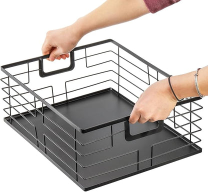 TOPZEA Black Metal Food Storage Basket for Pantry Organization, Large Steel Wire Farmhouse Basket Organizer Bin with Handles for Organizing Bathroom, Kitchen, Shelf, Cabinet, 16"x 12.5"x 6"