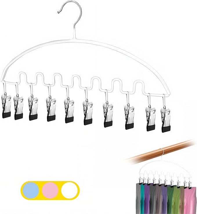 Legging Organizer for Closet,Metal Wave Design Pants Hanger with 10 Clips 7 Hooks, Closet Storage for Pants, Skirts, Hats (White, 1Pack)