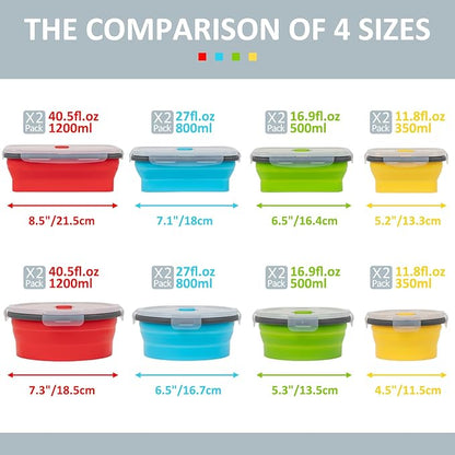 Collapsible Silicone Food Storage Containers Set with Lid & Air Vent, Foldable Lunch Containers, 16 Pack (8 Rectangular + 8 Round Bowls), BPA-Free, Space-Saving
